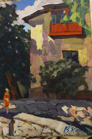 Картина под названием "Дом с балконом" - Вячеслав Карелин, Подлинное произведение искусства, Масло