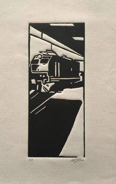 Druckgrafik mit dem Titel "Train 1" von Vella, Original-Kunstwerk, Linoldrucke