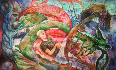 Pintura intitulada "Water Dragons" por Velta Emīlija Platupe, Obras de arte originais, Aquarela