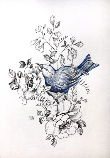 Картина под названием "bird" - Oksana Poluektova, Подлинное произведение искусства, Чернила