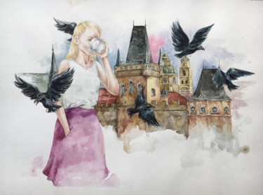 Картина под названием "Women in the city" - Oksana Poluektova, Подлинное произведение искусства, Акварель