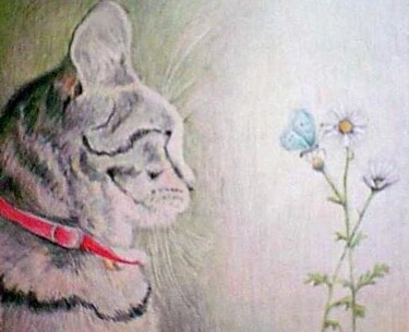 Drawing titled "Watching the cat" by Venessa Lagrand, Original Artwork, Pencil