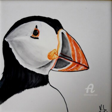Painting titled "Puffin painted on c…" by Venessa Lagrand, Original Artwork, Ceramics Mounted on Wood Panel
