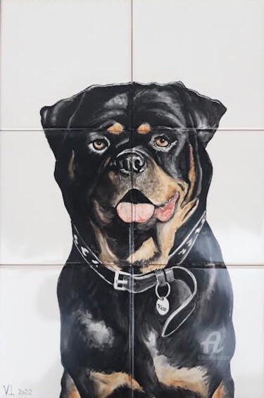 Malerei mit dem Titel "Rico the rottweiler" von Venessa Lagrand, Original-Kunstwerk, Pigmente