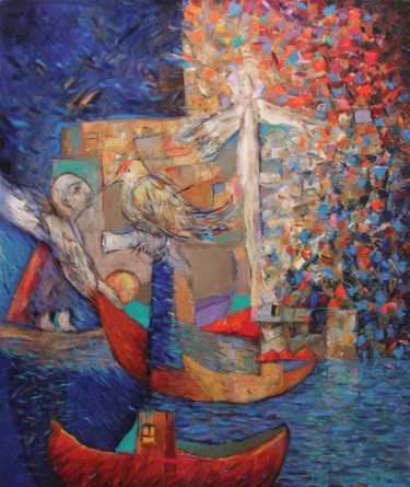 Painting titled "Angel and bird / 57…" by Georgi Veniaminov, Original Artwork, Oil