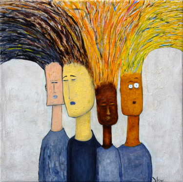 Painting titled "People with hair" by Ventzislav Dikov, Original Artwork, Oil Mounted on Wood Stretcher frame