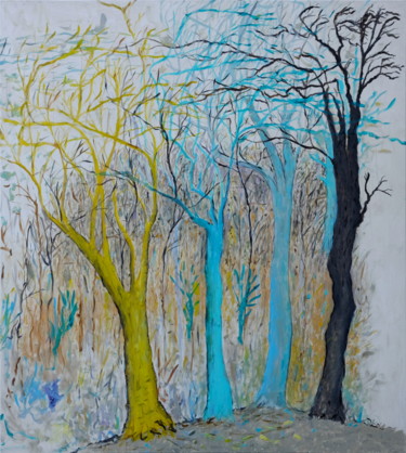 Картина под названием "Trees on the hill" - Ventzislav Dikov, Подлинное произведение искусства, Масло Установлен на Деревянн…