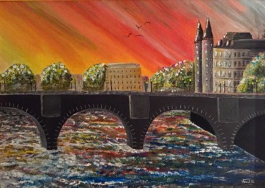 Painting titled "Paris Au Pont Neuf" by Venuldii, Original Artwork, Acrylic Mounted on Cardboard