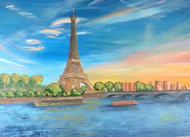 Painting titled "La Tour Eiffel en S…" by Venuldii, Original Artwork, Oil Mounted on Wood Stretcher frame