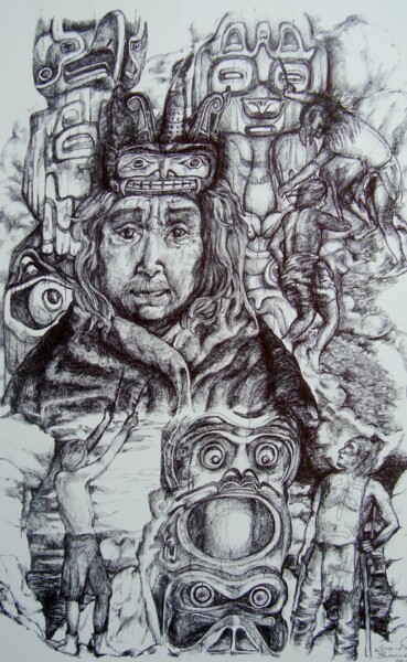 Drawing titled "Totems 1" by Vera Bianca, Original Artwork, Ballpoint pen