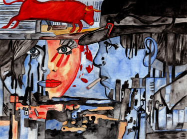 Malerei mit dem Titel "Red Bull" von Vera Boldt, Original-Kunstwerk, Aquarell