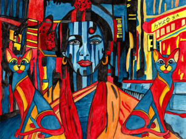 Ζωγραφική με τίτλο "Downtown" από Vera Boldt, Αυθεντικά έργα τέχνης, Ακουαρέλα