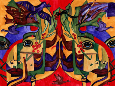 Ζωγραφική με τίτλο "Kommt ein Vogel gef…" από Vera Boldt, Αυθεντικά έργα τέχνης, Ακουαρέλα