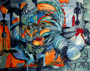 Malerei mit dem Titel "Faszination Hahn" von Vera Boldt, Original-Kunstwerk, Aquarell