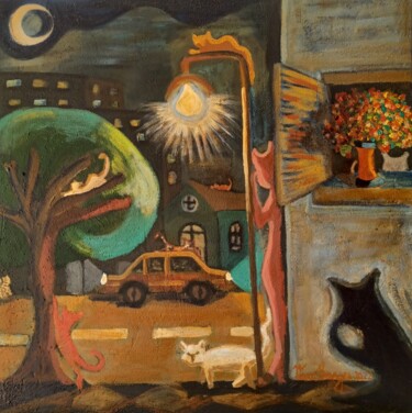 Painting titled "A cidade dos gatos" by Vera Borges, Original Artwork, Acrylic Mounted on Wood Stretcher frame