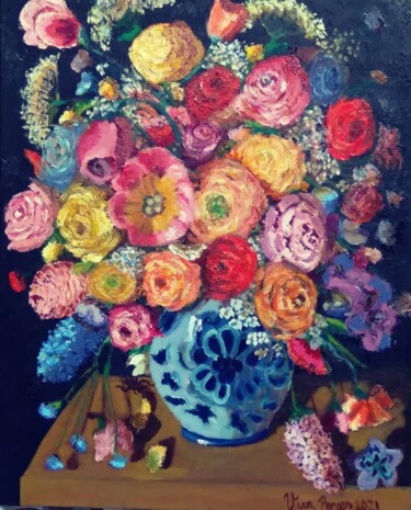 Painting titled "Vaso de Flores" by Vera Borges, Original Artwork, Acrylic Mounted on Wood Stretcher frame