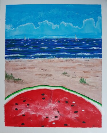 Painting titled "Watermelon taste on…" by Vera Filatova, Original Artwork, Acrylic Mounted on Wood Stretcher frame