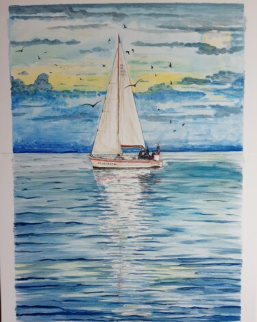 Painting titled "Sailboat" by Vera Filatova, Original Artwork, Acrylic Mounted on Wood Panel