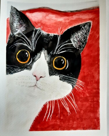 Malarstwo zatytułowany „Excited cat” autorstwa Vera Filatova, Oryginalna praca, Akwarela Zamontowany na Metal