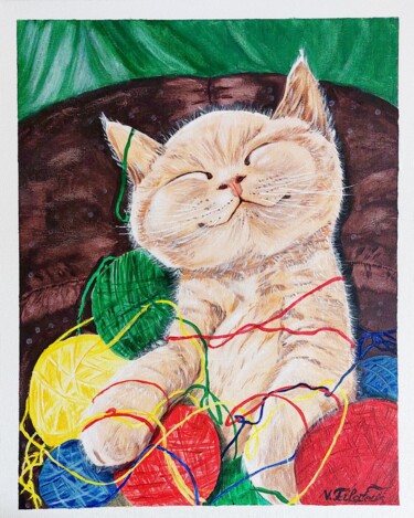 Malarstwo zatytułowany „Счастливый котик” autorstwa Vera Filatova, Oryginalna praca, Akryl