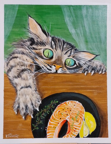 Картина под названием "Котик воришка" - Vera Filatova, Подлинное произведение искусства, Акрил