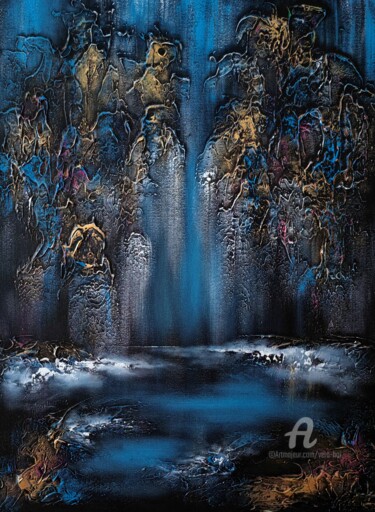 Painting titled ""Night Waterfall"" by Vera Hoi, Original Artwork, Acrylic Mounted on Wood Stretcher frame