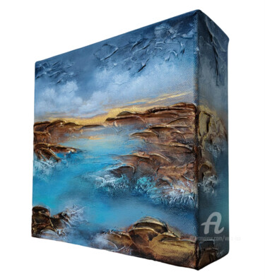 Painting titled ""Seascape" Miniatur…" by Vera Hoi, Original Artwork, Oil Mounted on Wood Stretcher frame