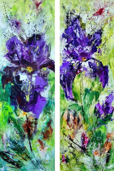 Painting titled ""Trio of Irises" fr…" by Vera Hoi, Original Artwork, Acrylic Mounted on Wood Stretcher frame
