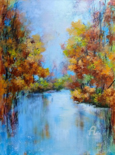 Painting titled ""Lake Serenity in F…" by Vera Hoi, Original Artwork, Oil Mounted on Wood Stretcher frame