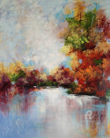 Painting titled ""Autumnal Waterside…" by Vera Hoi, Original Artwork, Acrylic