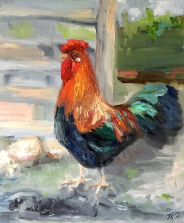 Painting titled "Mr. Rooster" by Vera Klimova, Original Artwork, Oil