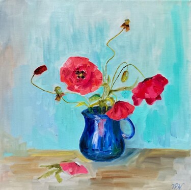 Pintura intitulada "POPPIES IN BLUE" por Vera Klimova, Obras de arte originais, Óleo