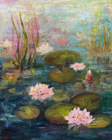 Картина под названием "EVENING WATER LILIES" - Vera Klimova, Подлинное произведение искусства, Масло