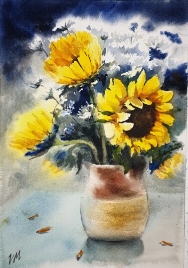 Malerei mit dem Titel "Sunflowers" von Vera Maks, Original-Kunstwerk, Aquarell