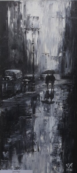 Peinture intitulée "Rainy city" par Vera Maks, Œuvre d'art originale, Huile Monté sur Châssis en bois