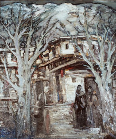 Pintura intitulada "Mountain Village" por Vera Nechaeva, Obras de arte originais, Óleo