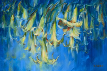 Painting titled "Angel's Trumpets. M…" by Vera Saiko, Original Artwork, Oil Mounted on Wood Stretcher frame