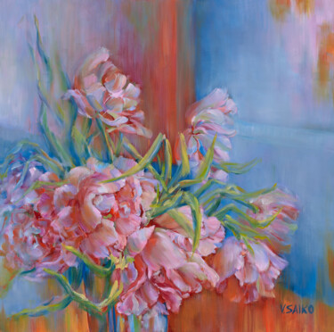 Painting titled "Tulips in vase" by Vera Saiko, Original Artwork, Oil