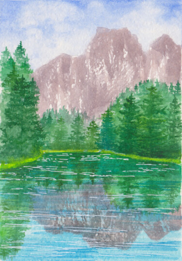 Картина под названием "Лесное озеро" - Вера Салимжанова, Подлинное произведение искусства, Акварель