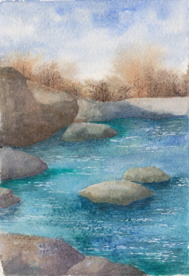 Картина под названием "Каменистый берег" - Вера Салимжанова, Подлинное произведение искусства, Акварель