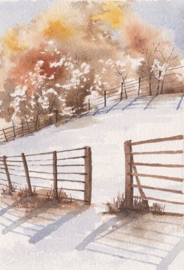 Картина под названием "Зимнее поле" - Вера Салимжанова, Подлинное произведение искусства, Акварель