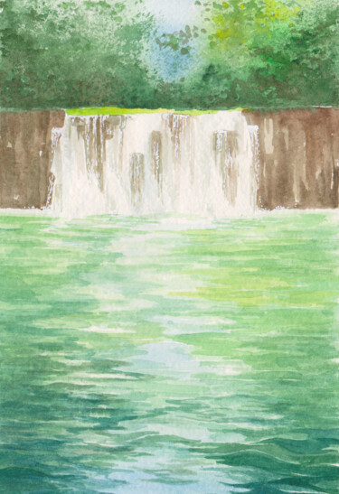 Картина под названием "Водопад у леса" - Вера Салимжанова, Подлинное произведение искусства, Акварель