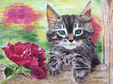 Картина под названием "Kitten and flower" - Vera Sapozhnikova, Подлинное произведение искусства, Акрил