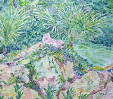 Painting titled "Cat in the garden" by Vera Sapozhnikova, Original Artwork, Acrylic