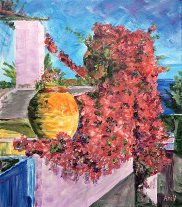Painting titled "Flowers on the balc…" by Vera Sapozhnikova, Original Artwork, Acrylic