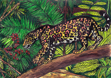 Peinture intitulée "Jaguar and flowers" par Vera Sotnikova, Œuvre d'art originale, Crayon