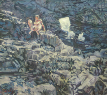 Painting titled "girl on rock" by James Wardroper, Original Artwork, Acrylic