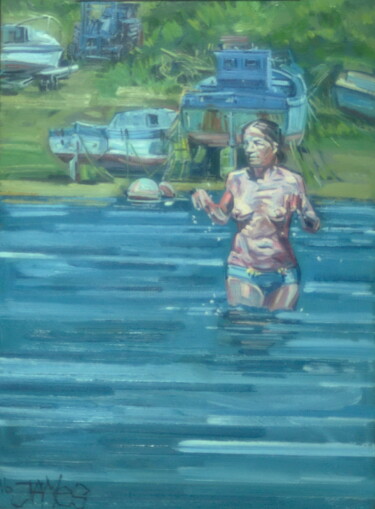 Картина под названием "boat yard swim" - James Wardroper, Подлинное произведение искусства, Масло