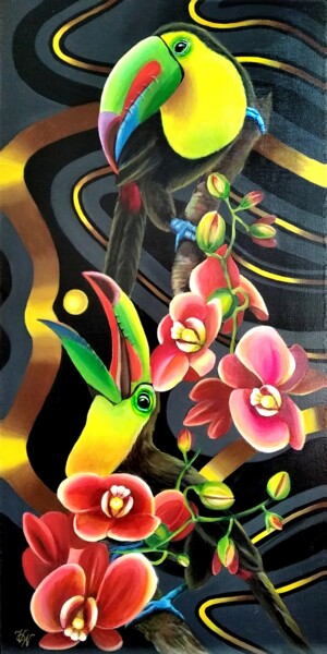 Malarstwo zatytułowany „Два тукана в цветах…” autorstwa Vera Winter, Oryginalna praca, Akryl