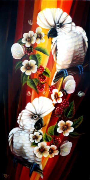 Pintura intitulada "Два белых попугая с…" por Vera Winter, Obras de arte originais, Acrílico